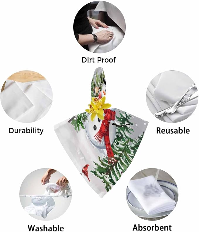 Grey Snowman Christmas Cloth Napkins, Washable and Reusable Dinner Napkins Set of 2, Xmas Tree Snowflake Winter Birds Table Napkin for Kitchen Party Birthday Wedding Hotel Housewarming 20''x20'' - Image 6