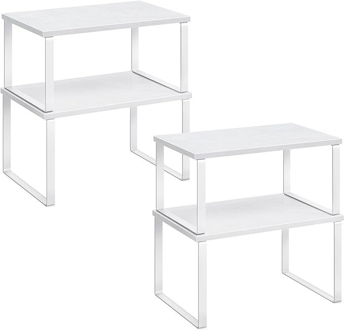 SONGMICS Cabinet Organizer Shelf, Set of 4 Kitchen Counter Shelves, Kitchen Storage, Spice Rack, Stackable, Expandable, Metal and Engineered Wood, Cloud White and Snow White UKCS027W01 by Unknown
