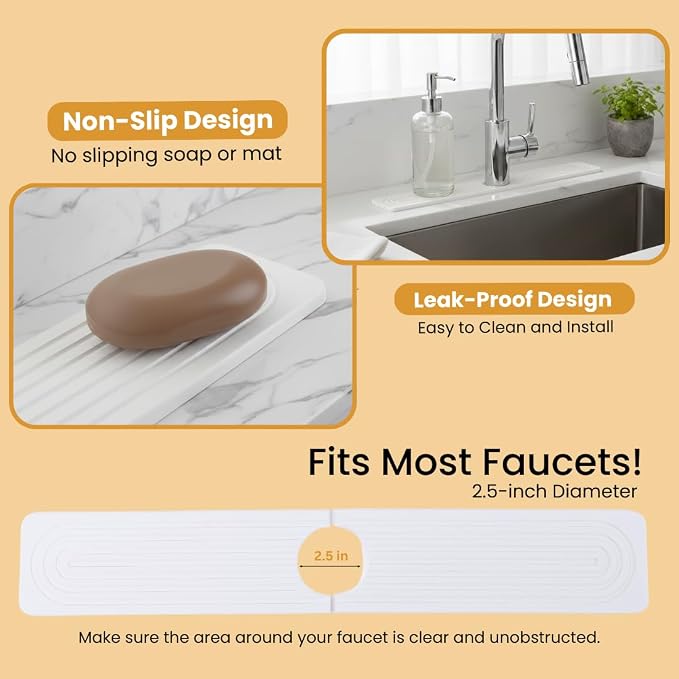 2-In-1 Stone Dish Drying Mat Set For Kitchen Counter. New Collapsiable Space Saving Diatomaceous Earth Stone Dish Mat 23.6"(L)x15.3"(W) + Faucet Protector 23.6"(L)x4(W)- Ultra Absorbent Non-Slip-White - Image 8