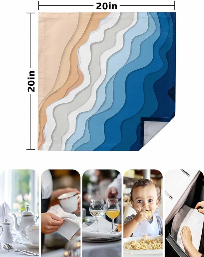 Blue White Sea Waves Cloth Napkins Washable Set of 8, 20 x 20 Inch Reusable Coastal Ombre Abstract Beach Ocean Stripes Dinner Table Napkins Cloth Bulk for Wedding Kitchen Restaurant Hotel Event Party - Image 5