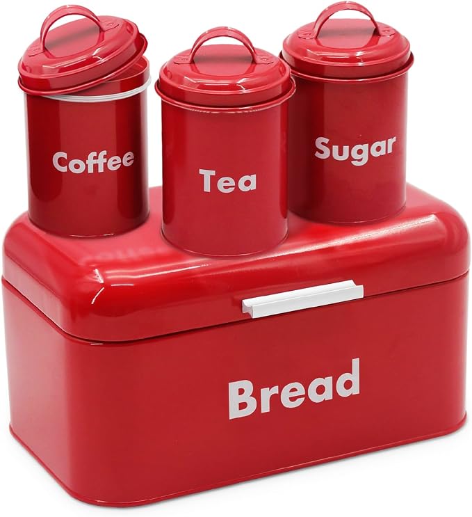 Plexon Bread Box for Kitchen Countertop, Bread Container with Coffee, Tea, Sugar Canisters, Metal 4-Piece Bread Box Set with Lids, Red by Plexon