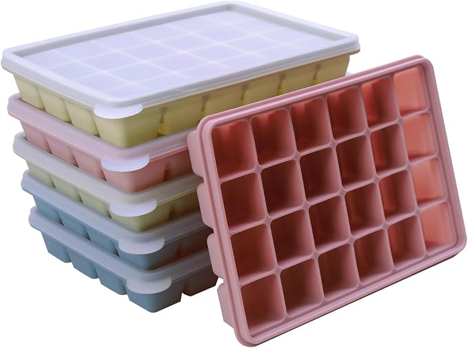 Silicone Ice Cube Trays with Lid, Set of 6, Easy Release Ice Molds, Reusable and Stackable Ice Trays for Freezer for Cocktail, Whiskey, Baby Food, BPA Free (Multicolour 6 Pack) by Vrykiin