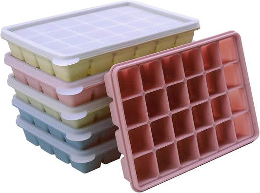 Silicone Ice Cube Trays with Lid, Set of 6, Easy Release Ice Molds, Reusable and Stackable Ice Trays for Freezer for Cocktail, Whiskey, Baby Food, BPA Free (Multicolour 6 Pack) by Vrykiin