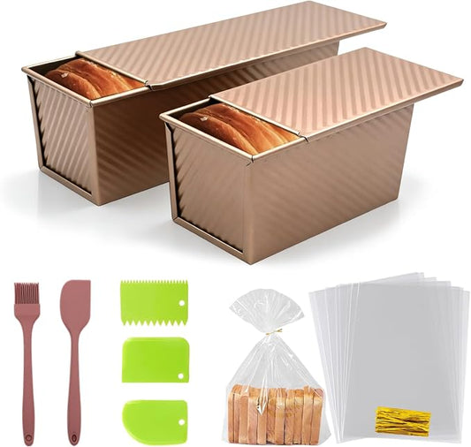 2 Pcs Pullman Loaf Pan with Lid, 2.2LB & 1LB Non-Stick Bread Pan, Carbon Steel Loaf Pans with Silicone Spatula & Oil Brush, Baking Pans Set for Homemade Bread, Square Toast Mold for Sourdough Bakeware by HiWelcometoMCIAONE