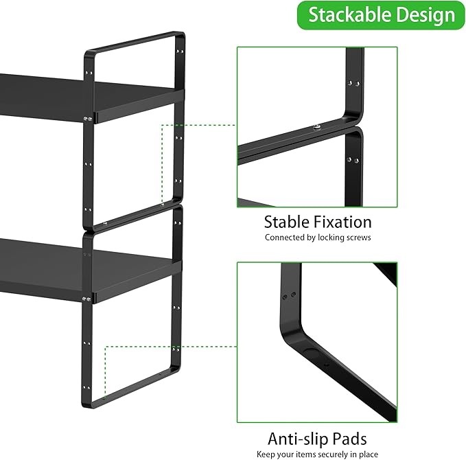 Expandable Cabinet Shelf, Stackable Organizer Rack, Black Large 2 PK | Adjustable Fit, Stackable Height Options, Nonslip Base, Larger Capacity, Cabinet/Pantry Organization - Image 6