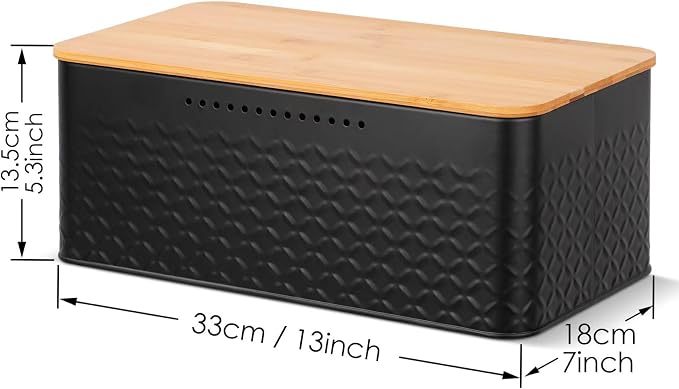 Bread Bin, Metal Bread Box with Bamboo Lid Usable as Cutting Board, Bread Storage Container Holder for Kitchen Countertop, 13 x 7 x 5.3 inch (Black) - Image 2