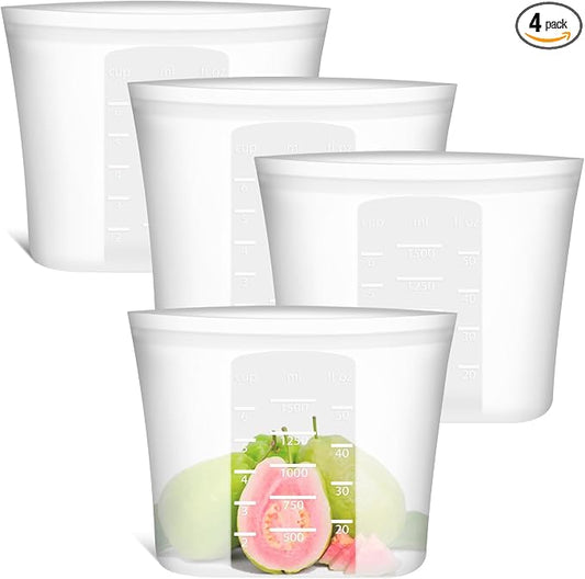 Small Reusable Silicone Food Storage Bags 4 Pack, 51fl oz/1500ml, 100% Silicone Stand-Up Wide-Open Zip-Lock Reusable Bags for Small Items, Microwave Freezer Oven Dishwasher Safe, Translucent by SiliseaDirect