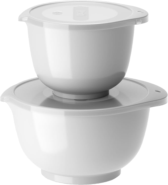 Rosti Margrethe Mixing Bowl Set, Set of 4 Mixing Bowls, 2 Mixing Bowls and 2 Lids, Recyclable Plastic, 1.5 Litre and 3 Litre, White by Rosti
