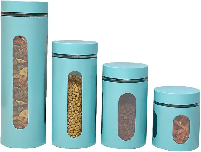 Kitchen Canisters Set For Countertop By Home Basics | Retro-Styled Canisters For Kitchen Counter | Stainless Steel and Glass, See-Through Windows (Turquoise), 4 Pieces by HomeBasics