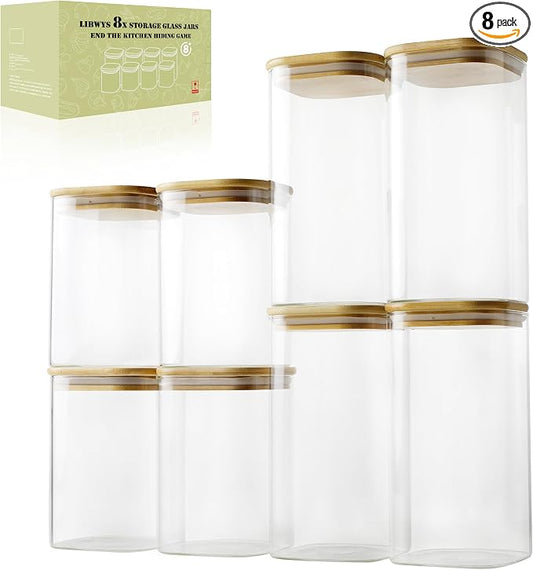 LIBWYS 8-Pack Glass Pantry Storage Jars with Bamboo Lids (1.22Qt/1.67Qt) | Stackable Square Food Containers for Pantry Organization, Coffee, Flour, Snacks, Tea, Sugar | Dry Food Kitchen Canisters Set by LIBWYS