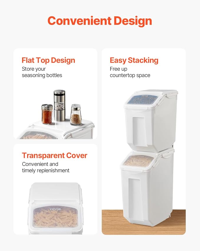 VEVOR Rice Storage Container, 3.5Gal/15Lx2 + 4.5Gal/20Lx2 Large Dog Food Dispenser Bin, Kitchen Ingredient Grain Cereal Bin, Pet food Containers with Wheels, 4 Measuring Cups, Airtight Lid, 4 Pack - Image 7