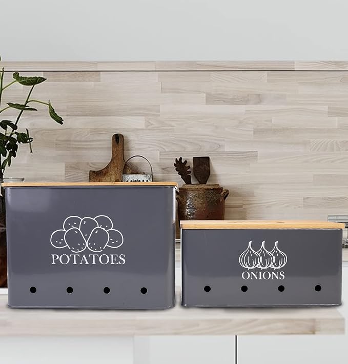 Potato and Onion Storage Bin Set of 2, Vented Metal Vegetable Storage with Wooden Lids, Farmhouse Kitchen Canisters for Countertop Pantry Organizer, Potato Bin Onion Holder for Produce Storage, Grey - Image 3