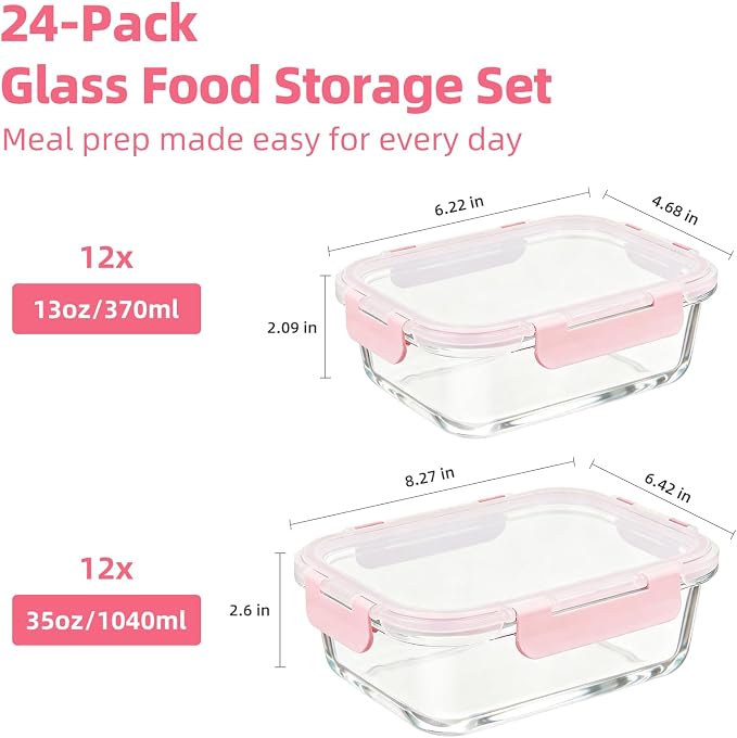 Konokyo Rectangular Glass Food Storage Containers with Lids, 24 Pack Airtight Leakproof Meal Prep Containers, BPA-Free, Microwave Oven Freezer & Dishwasher Safe, Assorted Sizes - Image 3