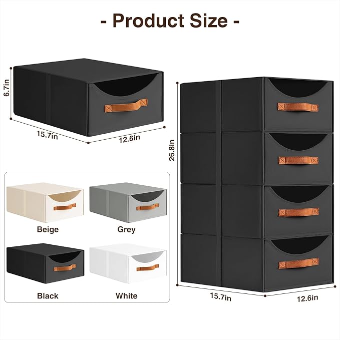 Stackable Storage Drawers - Large Collapsible Storage Bins with Drawers, 8 Pack Closet Shelf Organizer Basket, Fabric Pull Out Organizer for Bedroom, Living Room, Dorm, Black - Image 3