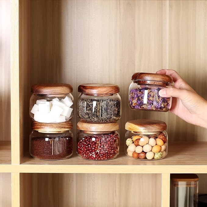 SAIOOL Kitchen Canisters Set of 6-8.5oz Glass Spice Jars With Acacia Airtight Lid and Labels Round Spice Bottles for kitchen Seasoning Baby Food Kids Snacks Meal Prep Containers Candle | Acacia Airtight Lid, Labels Included, Round Spice Bottles, Meal P... - Image 9