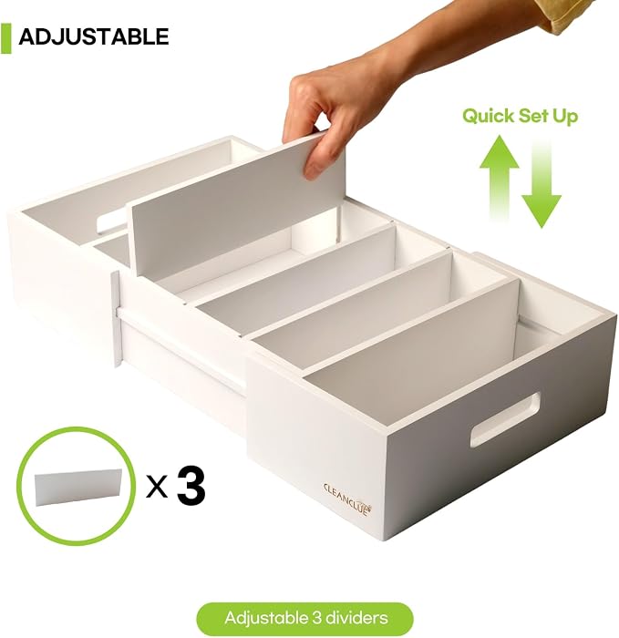 CLEANCLUE Expandable Kitchen Cabinet Organizer for Food Storage Container Lids, Bamboo Drawer Caddy Adjustable Dividers, Box for Kitchen Storage and Organization, Lids Organizer for Cabinet (White) - Image 3
