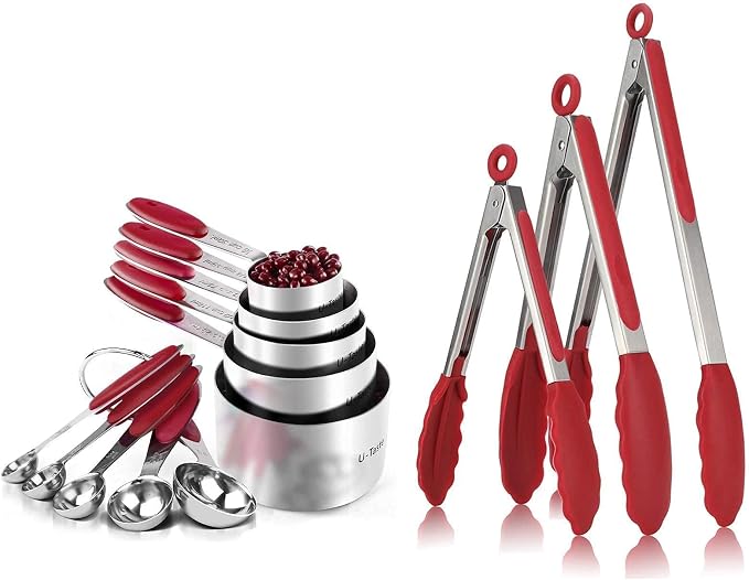 U-Taste 18/8 Stainless Steel Measuring Cups and Spoons Set and 600ºF High Heat-Resistant Kitchen Tong Set (Red) by U-Taste