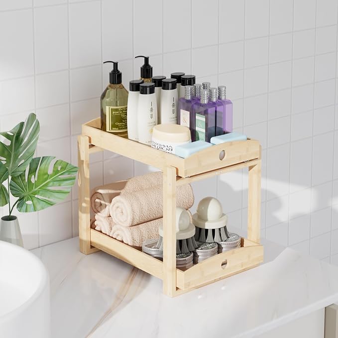 2 Pack Bamboo Under Sink Organizer, 2-Tier Sliding Drawers for Cabinets | Pull-out drawers keep cleaners and tall bottles visible, organized and easy to reach in kitchen or bathroom cabinets - Image 5