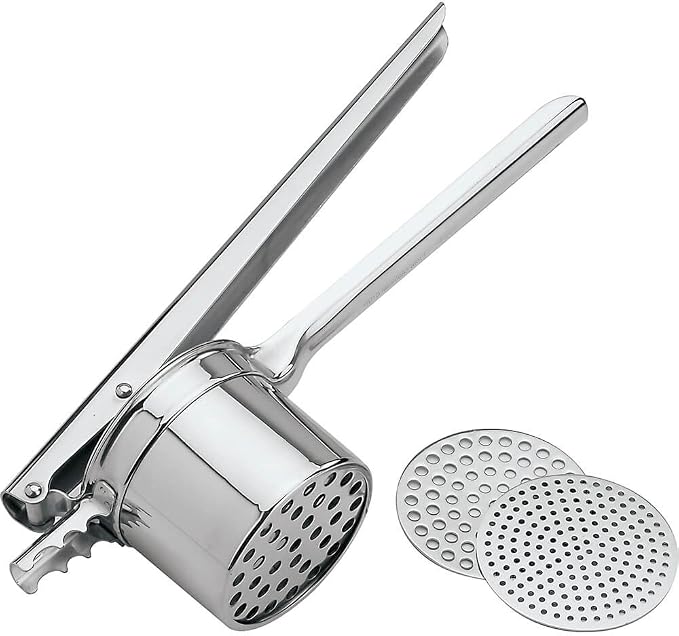 Paderno World Cuisine stainless potato ricer with three discs 3 3/4" diameter by PADERNO
