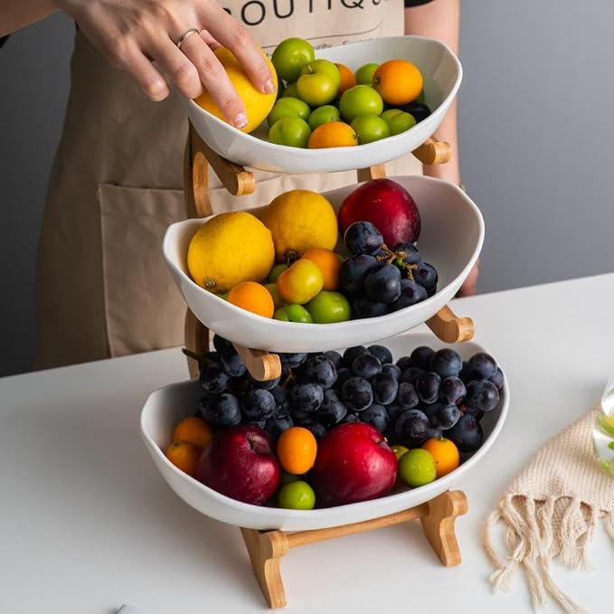 YYW 3 Tier Ceramic Fruit Basket with Bamboo Wood Stand for Kitchen Counter | Large Capacity Porcelain Fruit Bowl for Storing Fruits, Vegetables, Bread, and Snacks. Durable and Stylish Kitchen Storage - Image 2
