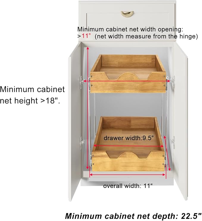 DINDON 2 Tier Pull Out Cabinet Organizer (11" W x 21" D) Double Tier Slide Out Wood Drawer Under Cabinet Storage And Organization - Image 3