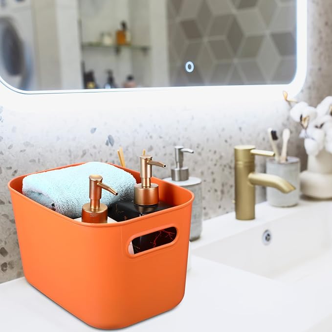 8 Pieces Colorful Storage Bins with Lid, Plastic Storage Basket Organizing Container Stackable Box with Handle for Shelves Desktop Playroom Office(10.2 x 7 x 6.3 Inch,Orange) - Image 5