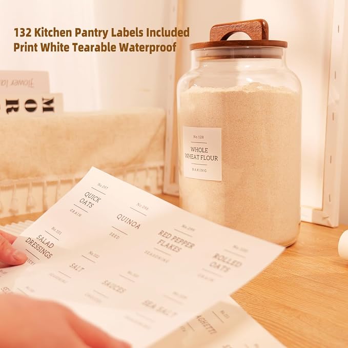 2 Pack Large Glass Flour and Sugar Containers with 132 Pantry Labels - 1 Gallon Glass Canisters with Bamboo Airtight Lids - Farmhouse Glass Cookie Jars for Rice, Pasta, Cereal, Bath Salt - Image 6