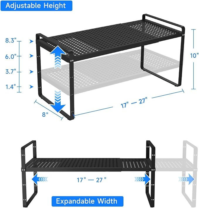 Expandable Kitchen Shelf Organizers, Kitchen Cabinet Organizer Stand Rack Organization for Countertop Office Desktop Spice Rack, Black 2 Pack - Image 2