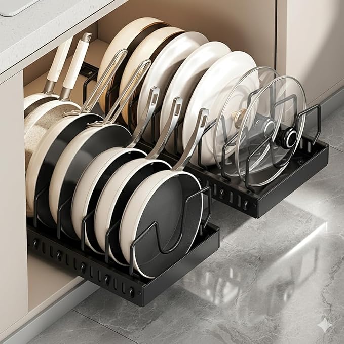 pots and pans organizer under cabinet,pot lid organizers inside cabinet holders for kitchen,Horizontal and vertical pulling modes,cast iron storage ((2pcs) Black vertical) - Image 2