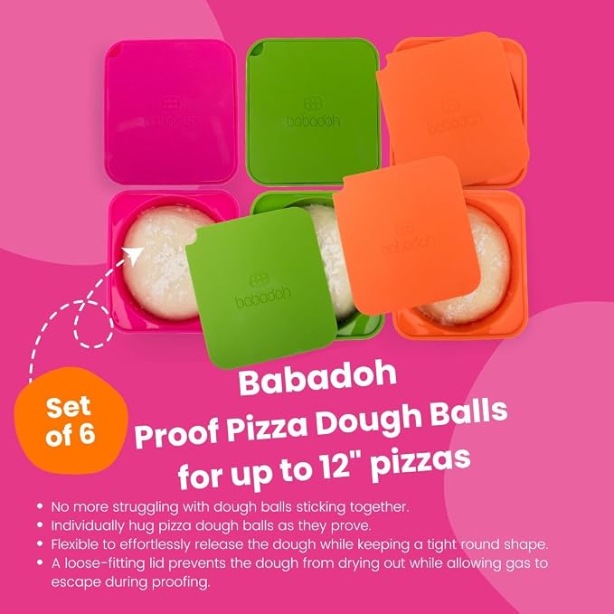 Babadoh Pizza Making Accessories | Pizza Dough Proofing Containers with Lids | Set of 6 | Multi Bright (2 Berry, 2 Orange, 2 Lime) | Original Size (make 12" Pizzas) - Image 2