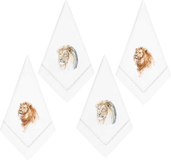 Cloth Tea Napkins Set of 4, Wildlife Print Cloth Napkins, Reusable Cotton Table Napkins for Dinners, Parties, Coffee and Cocktail Settings, 20x20 Inches (Lion) by EmbroideryLinenVN