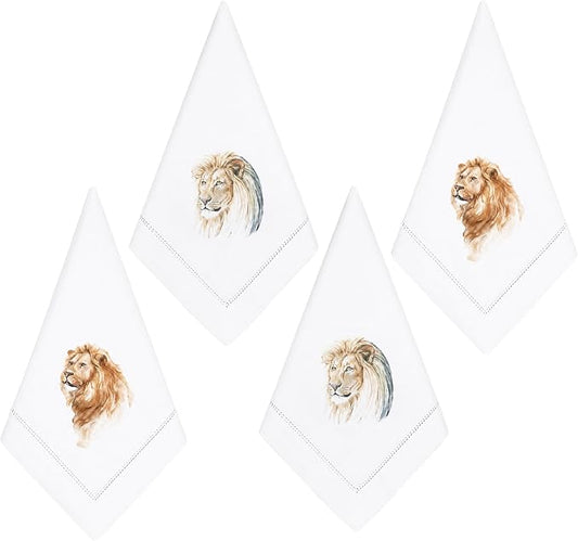 Cloth Tea Napkins Set of 4, Wildlife Print Cloth Napkins, Reusable Cotton Table Napkins for Dinners, Parties, Coffee and Cocktail Settings, 20x20 Inches (Lion) by EmbroideryLinenVN