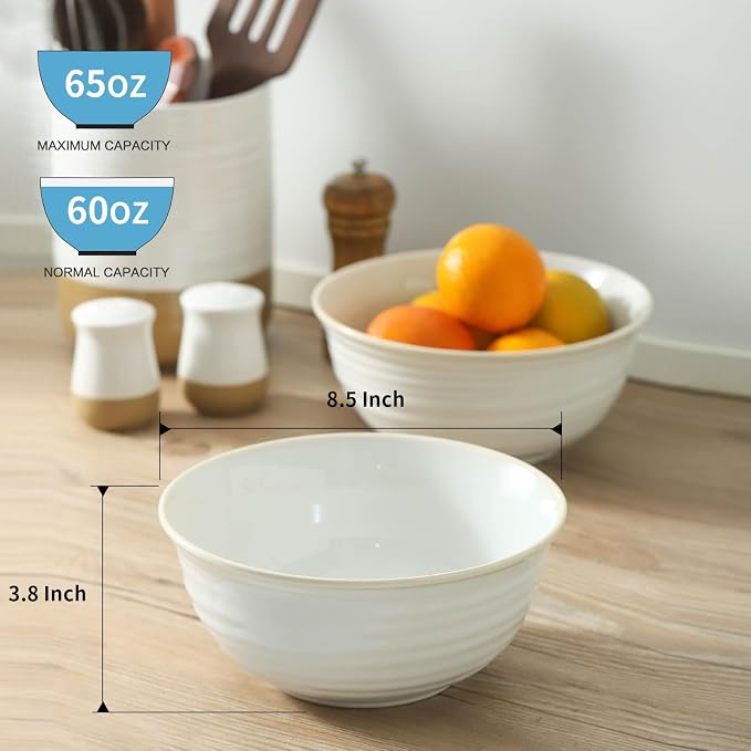 HASENSE Ceramic Serving Bowls, 8.3 Inch Large Soup Bowls for Kitchen, 60 Ounces Salad Bowls for Fruit, Ramen, Pasta, Pho, Microwave Dishwasher Safe, Set of 2, Clay-Infused White - Image 2