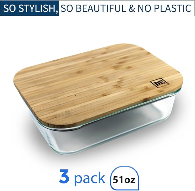 DE Plastic-Free Glass Storage Containers (3-Pack, 51oz) with Bamboo Lids – Eco-Friendly, Airtight, Reusable – Oven, Microwave & Dishwasher Safe – BPA-Free & Sustainable. - Image 2