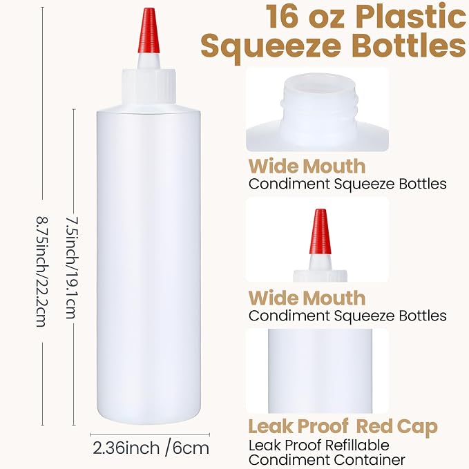 Yaomiao 18 Pack 16 oz Plastic Squeeze Bottles for Condiments Sauces Empty Leak Proof Squeeze Bottles Squirt Containers with Red Tip Cap for Ketchup, Condiments, Olive Oil, Glue - Image 2