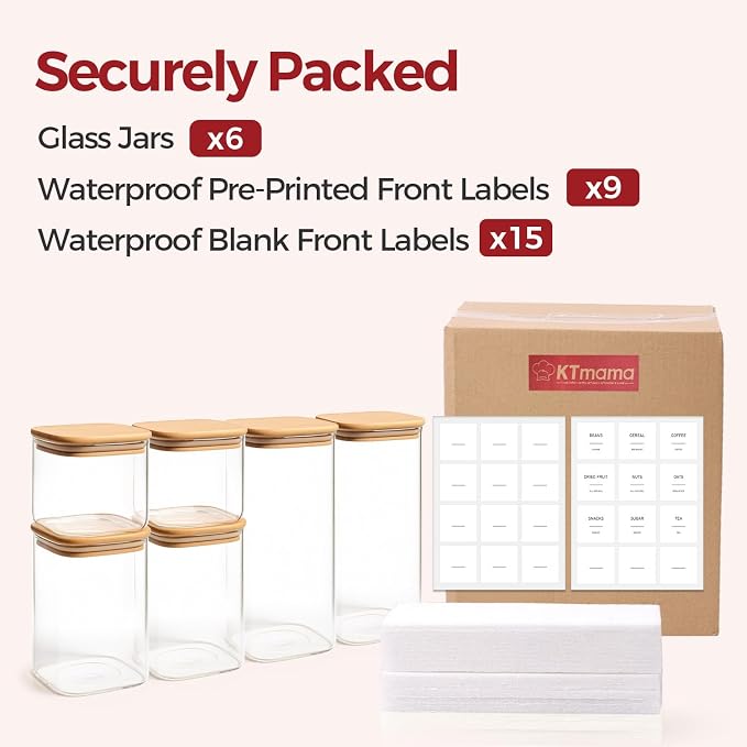 Glass Pantry Storage Containers with Lids 1/1.6 Qt 6 Pack Square | Pantry Organization, Stackable Design, Flour Sugar Coffee Beans Pasta Cereal Dry Food Storage,Kitchen Cabinet Organizer - Image 8