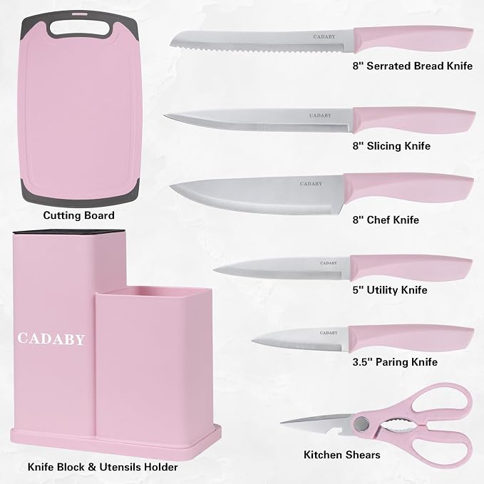 19 PCS Pink Kitchen Cooking Utensils Set Kitchen Tools Set | 6 Stainless Steel Knives, 11 Silicone Utensils with 1 Cutting Board, Ideal for Apartment - Image 5