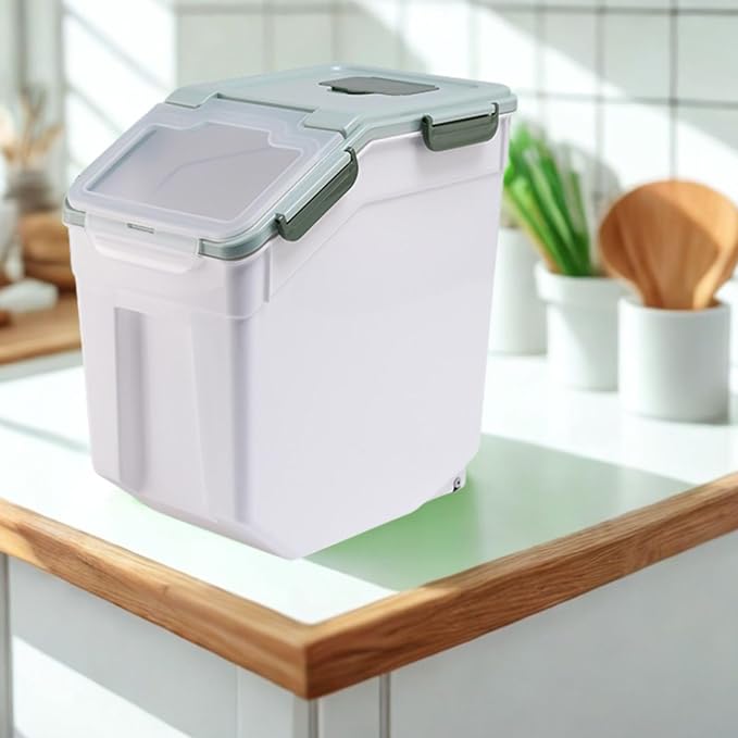 Large Flour Storage Container Bin 25lb, 4 Pack Airtight Rice Storage Containers with Wheels Seal Locking Lid, BPA Free, with Measuring Cup |Scoop, for Beans, Sugar, Grain, Dry Food - Green - Image 6
