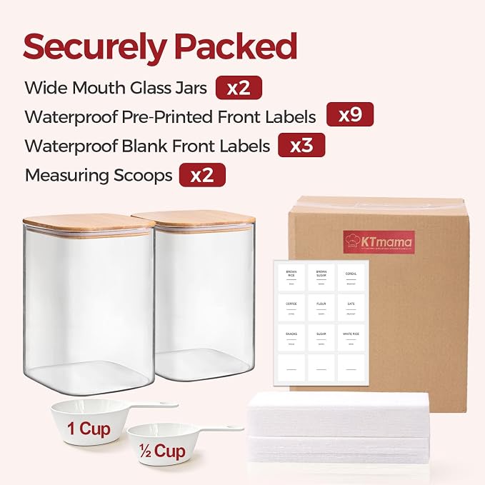 Glass Flour Containers with Lids 1 Gallon 2 Pack Pantry Organization | Wide Mouth, Scoop Included, Flour Sugar Coffee Beans Pasta Cereal Dry Food Storage,Large Capacity,Kitchen Organizer - Image 8