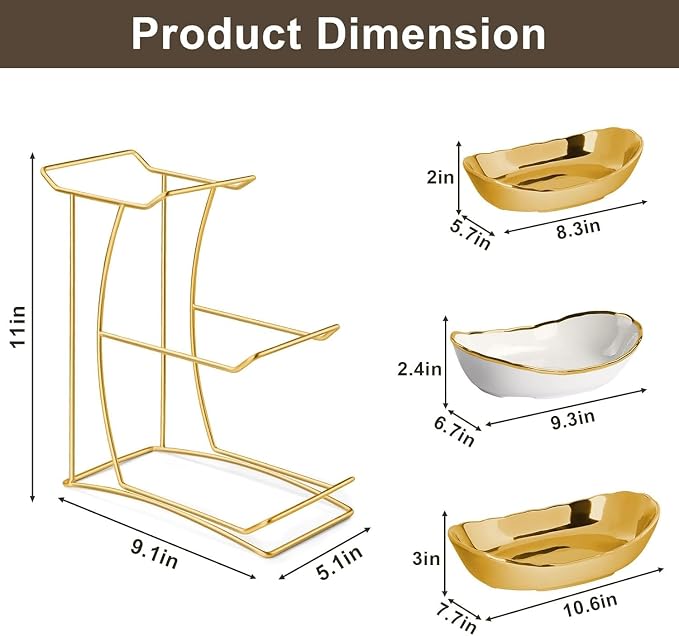 3 Tier Fruit Basket for Kitchen Counter, Detachable Ceramic Fruit Bowl Set with Metal Stand, Tiered Fruit Holder for Fruit Vegetable Snack Dessert Storage, Countertop Organizer for Home, Gold - Image 6