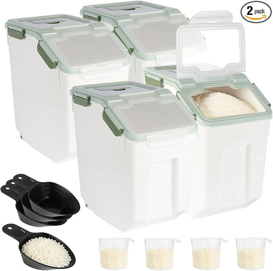 4 Pack Rice Container 25 lbs Large Bulk Flour Sugar Storage Holdhouse Plastic Grain Cereal Dry Goods Bin with Spoon and Measuring Cup for Kitchen Pantry Organization - Green by MXCELL