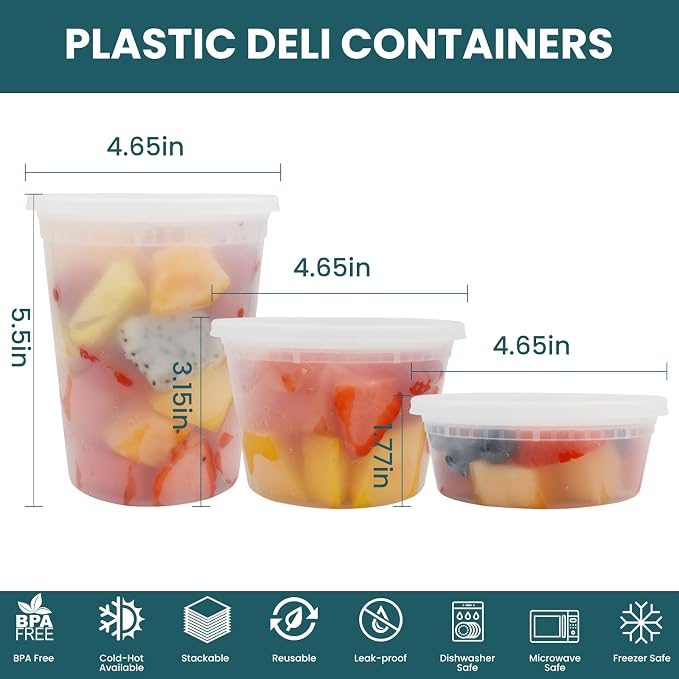 WGCC Meal Prep Containers 50Pack 38oz and Deli Containers with Lids 48 Sets-8oz, 16oz, 32oz, Leakproof, BPA Free/Microwave/Freezer/Dishwasher Safe - Image 9