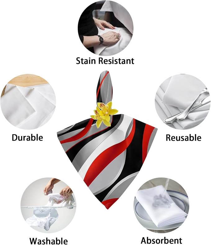 Red Ombre Cloth Napkins Set of 8, Black White Grey Abstract Wavy Line Dinner Napkins Cloth Washable, Cocktail Napkins Reusable for Wedding, Party, Birthday (20"x20") - Image 6