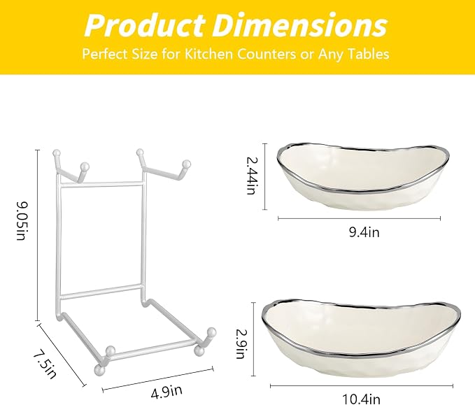 2 Tier Ceramic Fruit Bowl for Kitchen Counter with Metal Rack, Fruit Basket with Stand, Porcelain Bowls for Vegetable Bread Candy Snack Nuts Dessert Cake Tray (Silver 2 layer) - Image 2