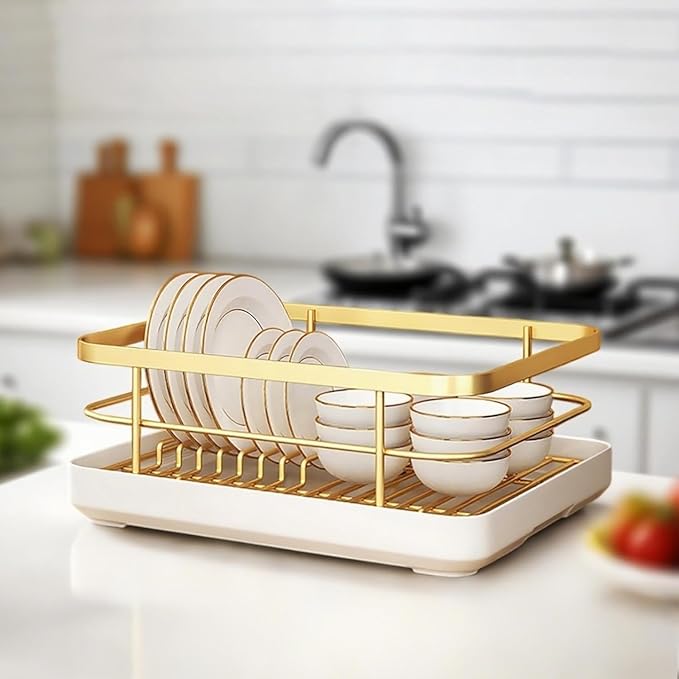 Dish Drying Rack for Kitchen Counter,Large Capacity Dish Drying Rack,Carbons Steel Dishes Drainer with Utensil Holder,Multifunctional Kitchen Utensil Holder with Dishes Racks and Tray (Gold) by Unknown