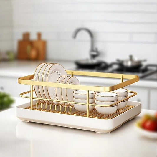 Dish Drying Rack for Kitchen Counter,Large Capacity Dish Drying Rack,Carbons Steel Dishes Drainer with Utensil Holder,Multifunctional Kitchen Utensil Holder with Dishes Racks and Tray (Gold) by Unknown