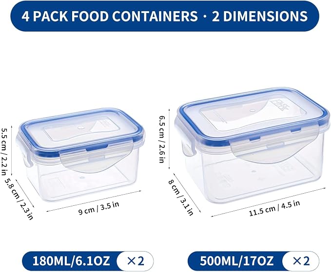 KIGI Small Food Storage Container Set, 4 Pack (0.7 Cup, 2.1 Cup) | Airtight Lids, BPA-Free Plastic, Leakproof, Ideal for Snack, Lunch, Meal Prep & Portion Control, 4-Sided Locking Lids - Image 4
