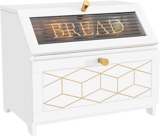 HOLTICO Double Layer Bread Box With Golden Trim for Countertop, Wooden Bread Container for Kitchen Counter, Corner Bread Storage (White) | Wooden Bread Container for Kitchen Counter, Large Capacity Bread Keeper, Farmhouse Food Organizer with Glass Window by HOLTICOforhomeforlove