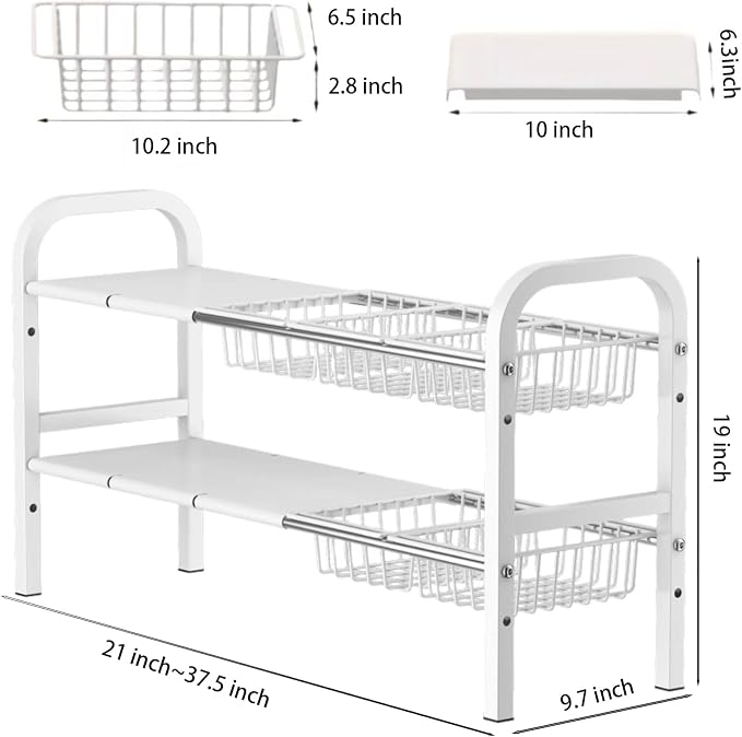 Under Sink Organizer，2 Tier Expandable Heavy Duty Metal Shelf，with 5 Removable Panels and 5 Storage Basket for Under Kitchen Bathroom Sink Organizers and Storage (White, X-Large) - Image 2