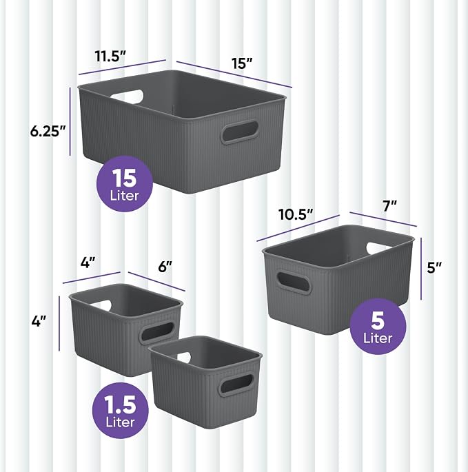 Superio Ribbed Collection - Decorative Plastic Basket Open Home Storage Bins Organizer, Grey (Set of 4) 1 Large, 1 Medium, 2 Small - Container Boxes for Organizing Closet Storage Bins for Shelves - Image 2